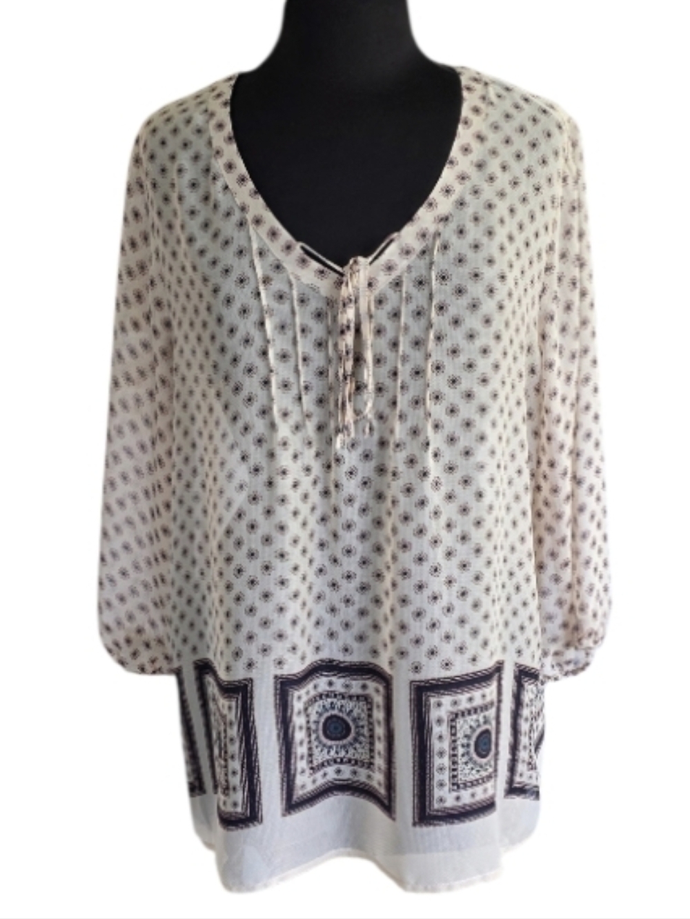 Pleione Y2K Sheer Tunic Top Cream Boho Tie-Neck Printed Blouse